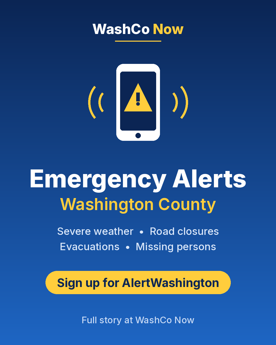 Blue and navy WashCo Now graphic showing a phone with a yellow warning symbol and signal waves. Text reads "Emergency Alerts, Washington County," lists severe weather, road closures, evacuations and missing persons, and has a yellow button that says "Sign up for AlertWashington."